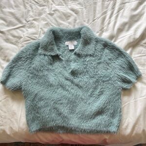 House of Harlow 1960 Light Blue Soft Fuzzy Sweater Short Sleeve- Cropped